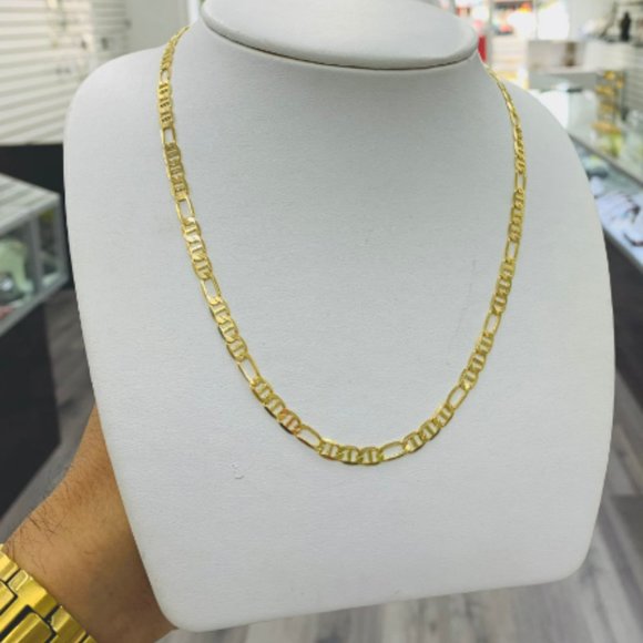 14K Gold F Figaro Mariners Chain Necklace for Mens Womens 24" 4.4mm Cadenas Oro - Picture 2 of 7